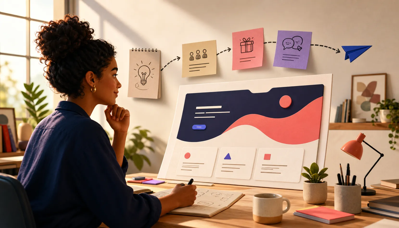 Ilustração editorial de uma fundadora organizando hipótese, público, oferta e feedback em torno de uma landing page de validação
