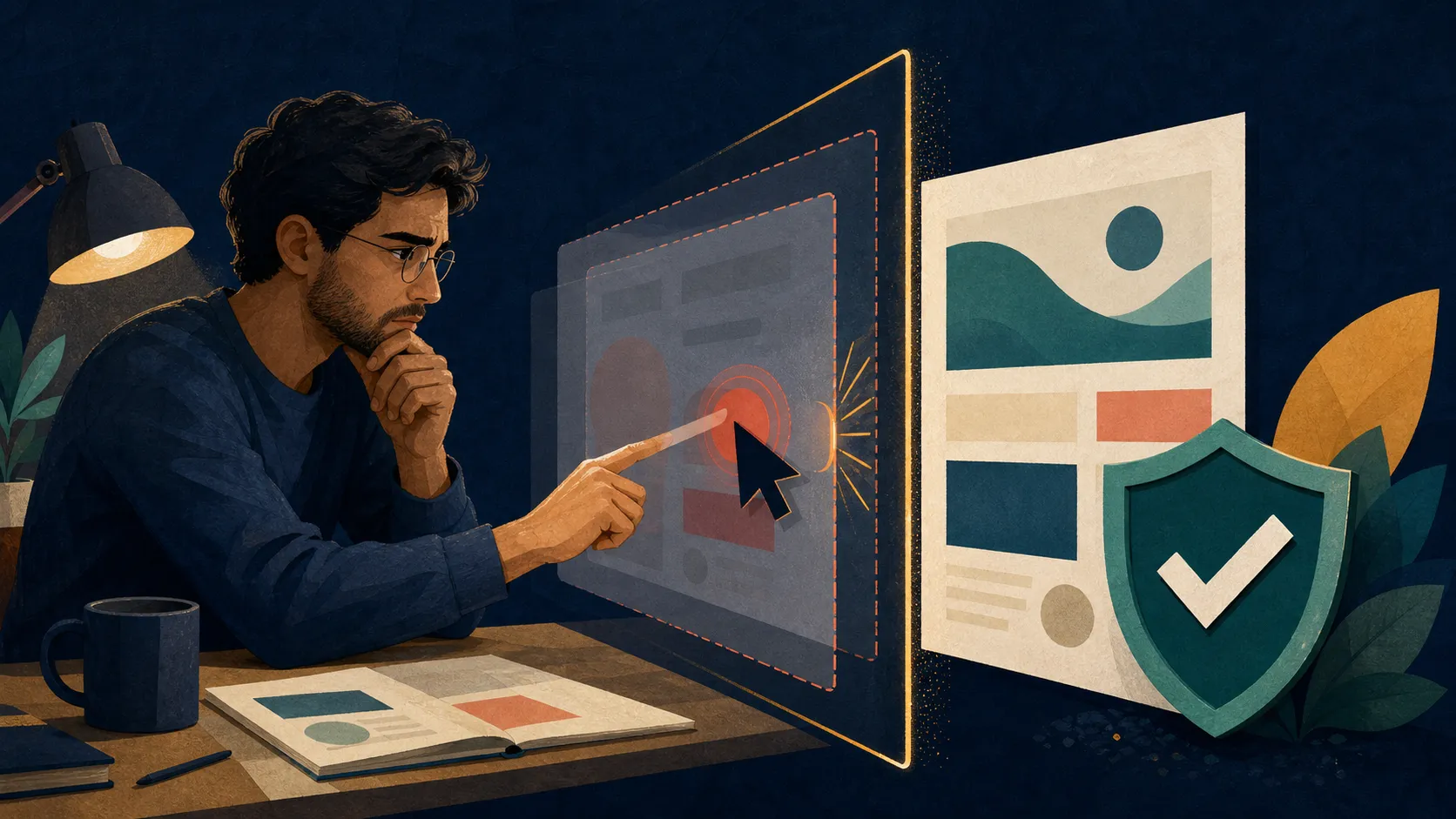 Ilustração editorial de um desenvolvedor identificando uma camada transparente de clique antes que ela alcance uma página protegida