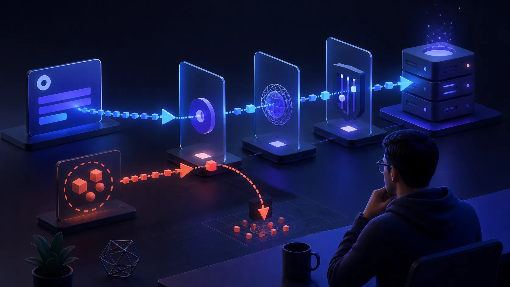 Ilustração editorial de uma requisição legítima atravessando verificações enquanto uma origem externa é desviada do endpoint
