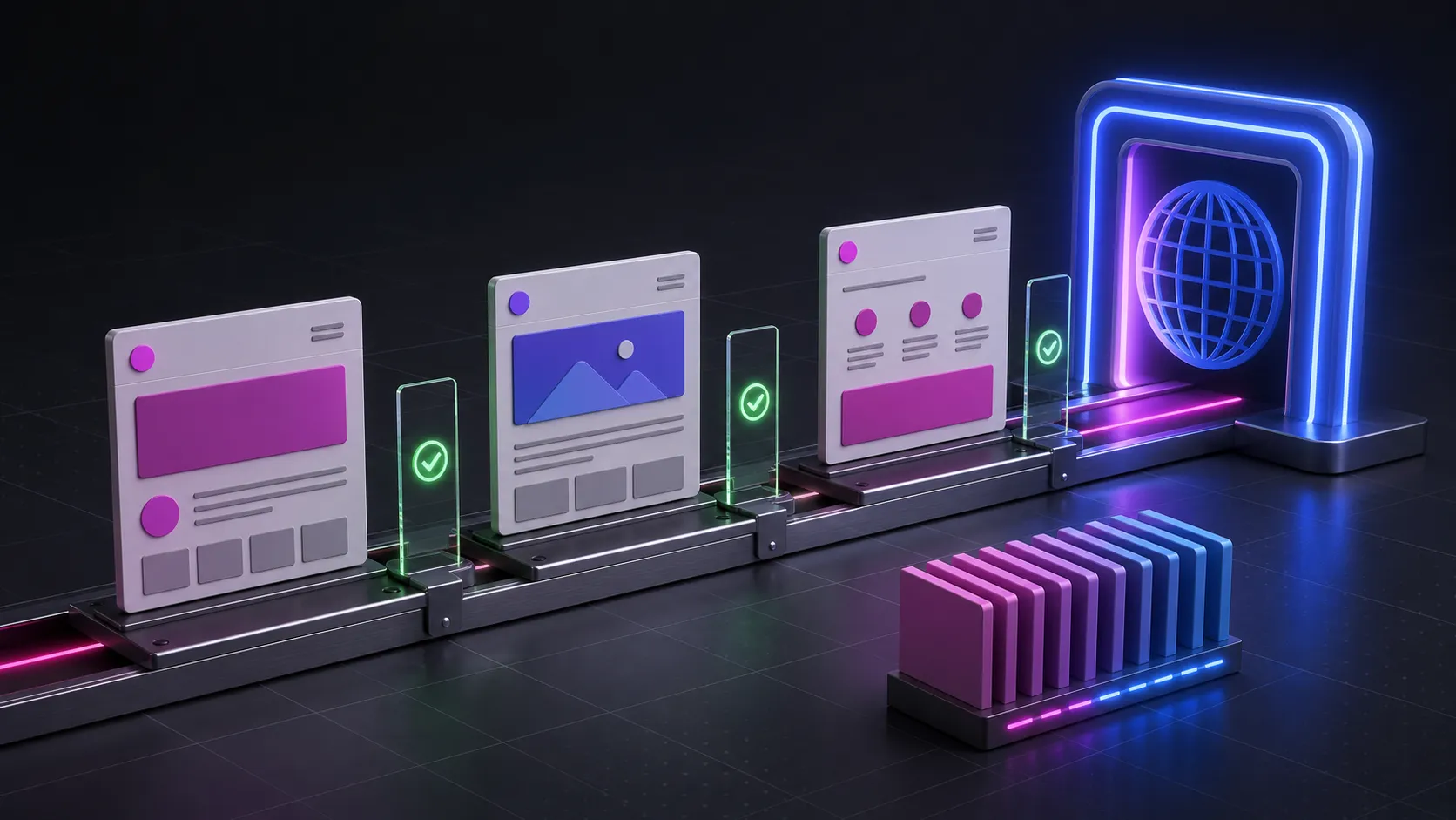 Ilustração editorial de três versões de uma landing page passando por checkpoints até o mesmo portal de publicação, com um histórico visual ao lado