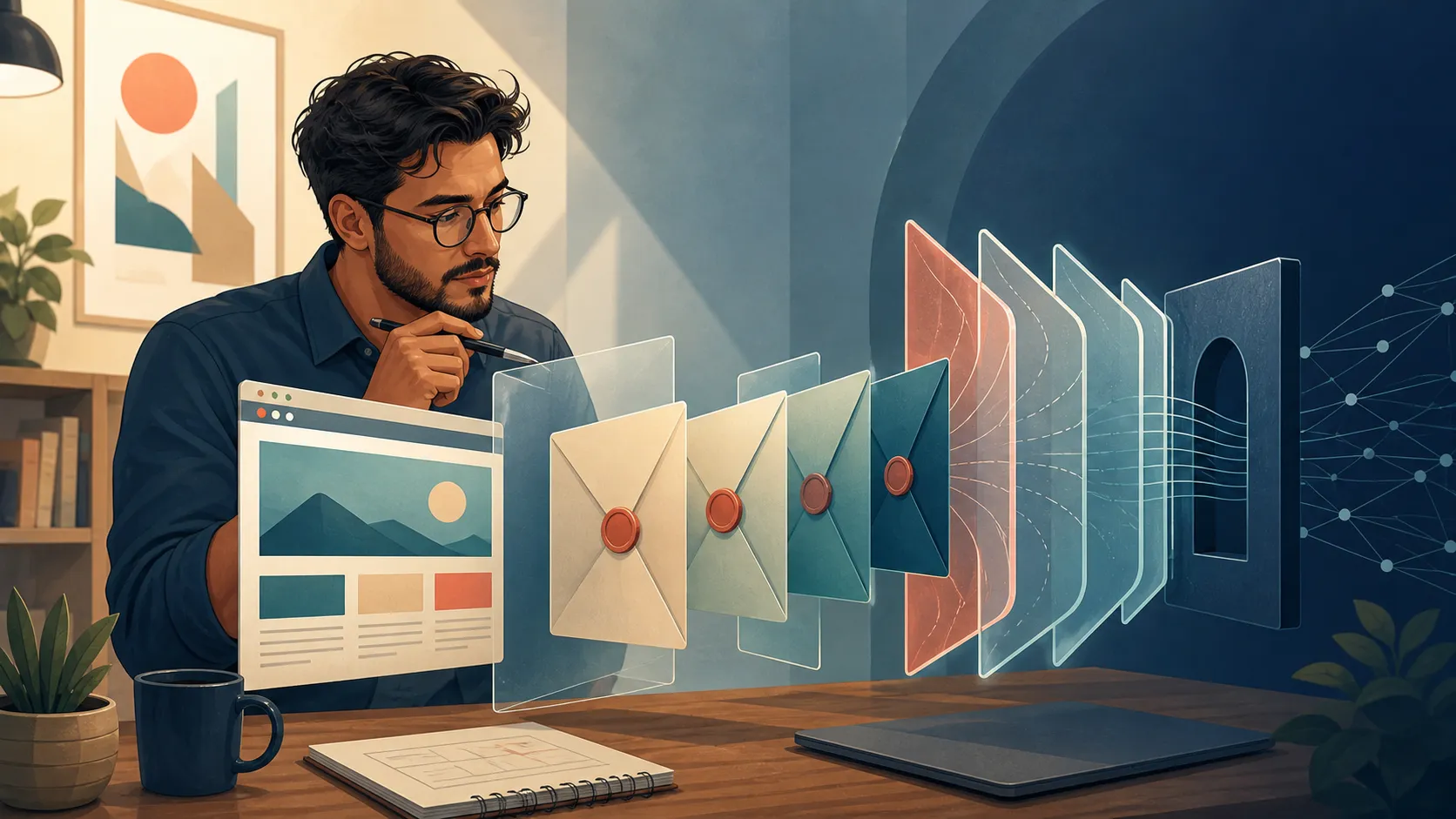 Ilustração editorial de um profissional examinando camadas de proteção aplicadas entre um site e a rede antes da publicação