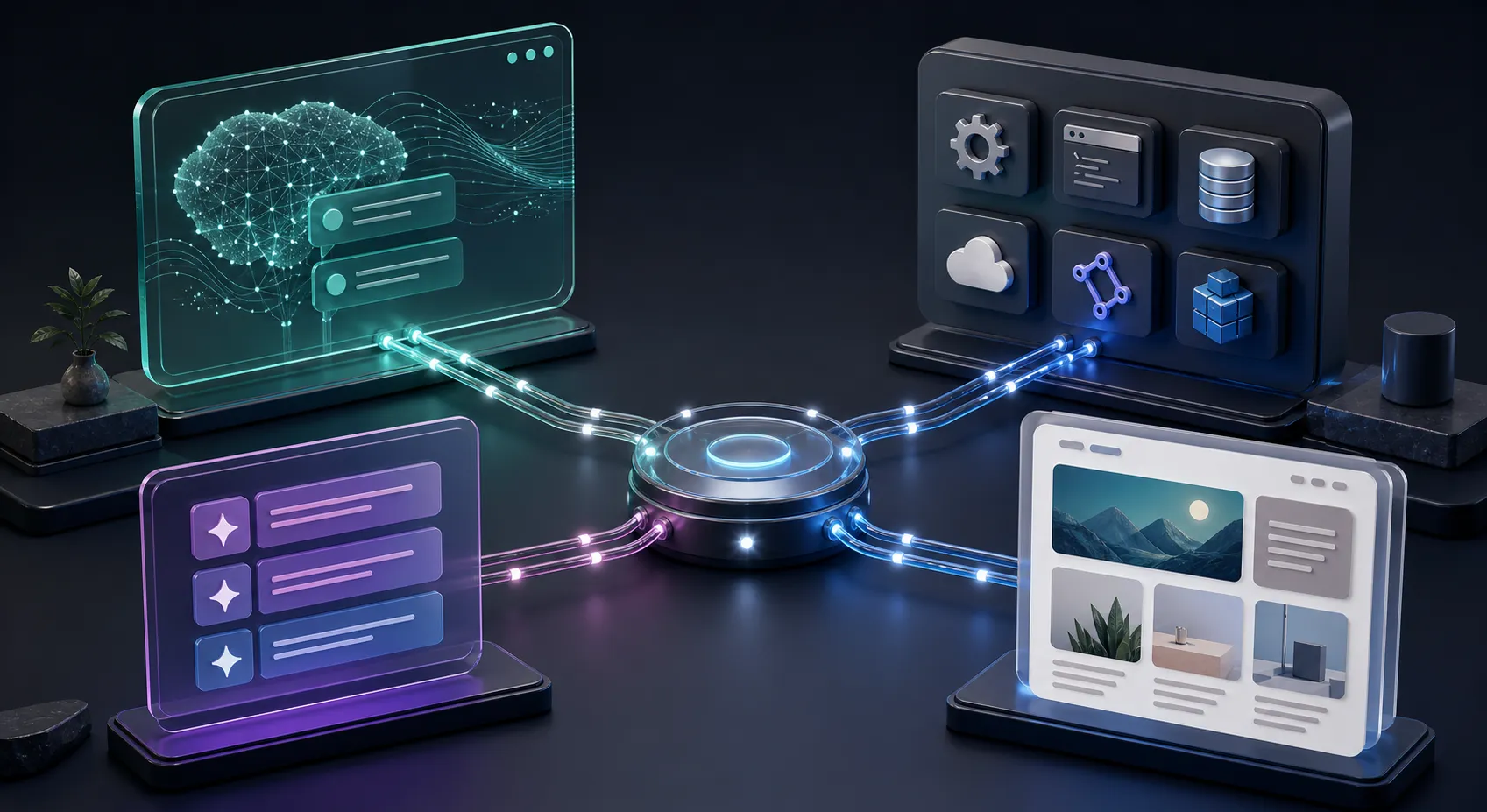 Ilustração 3D de um hub conectando assistente de IA, ferramentas de desenvolvimento, dados e uma prévia de site publicado