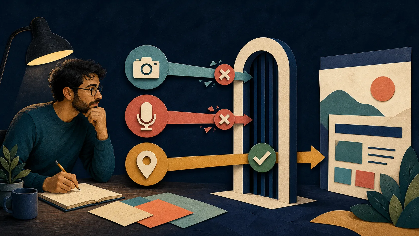 Ilustração editorial de um desenvolvedor revisando câmera, microfone e geolocalização em um portão de permissões antes da publicação