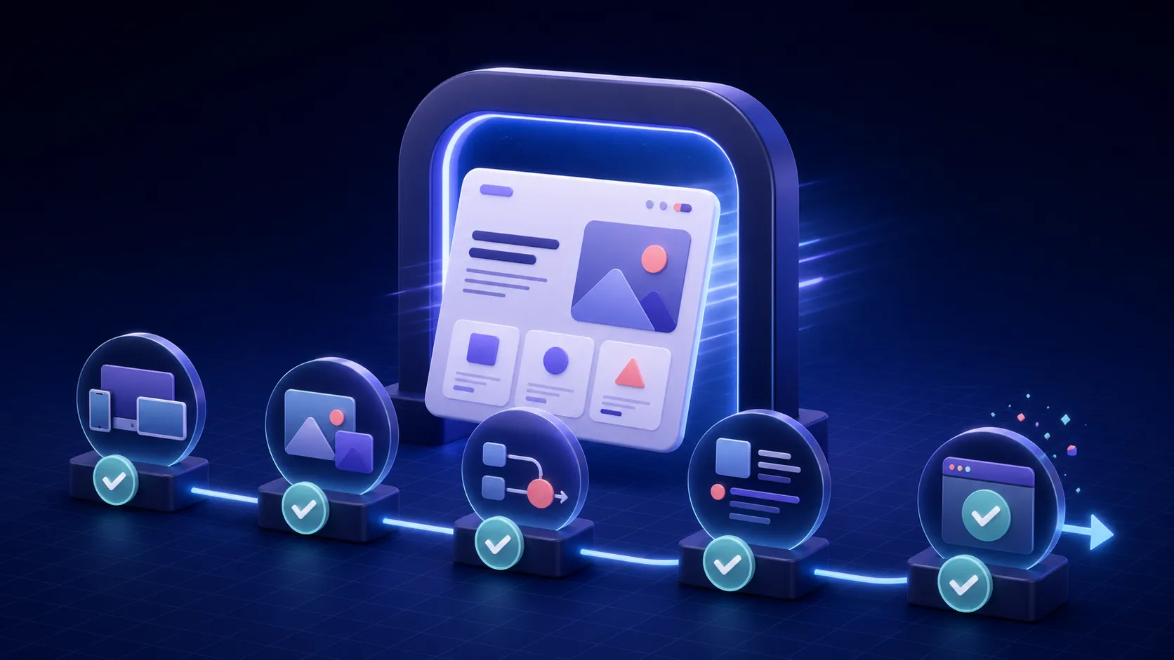 Ilustração editorial de uma landing page atravessando um portal de inspeção e cinco checkpoints concluídos antes da publicação