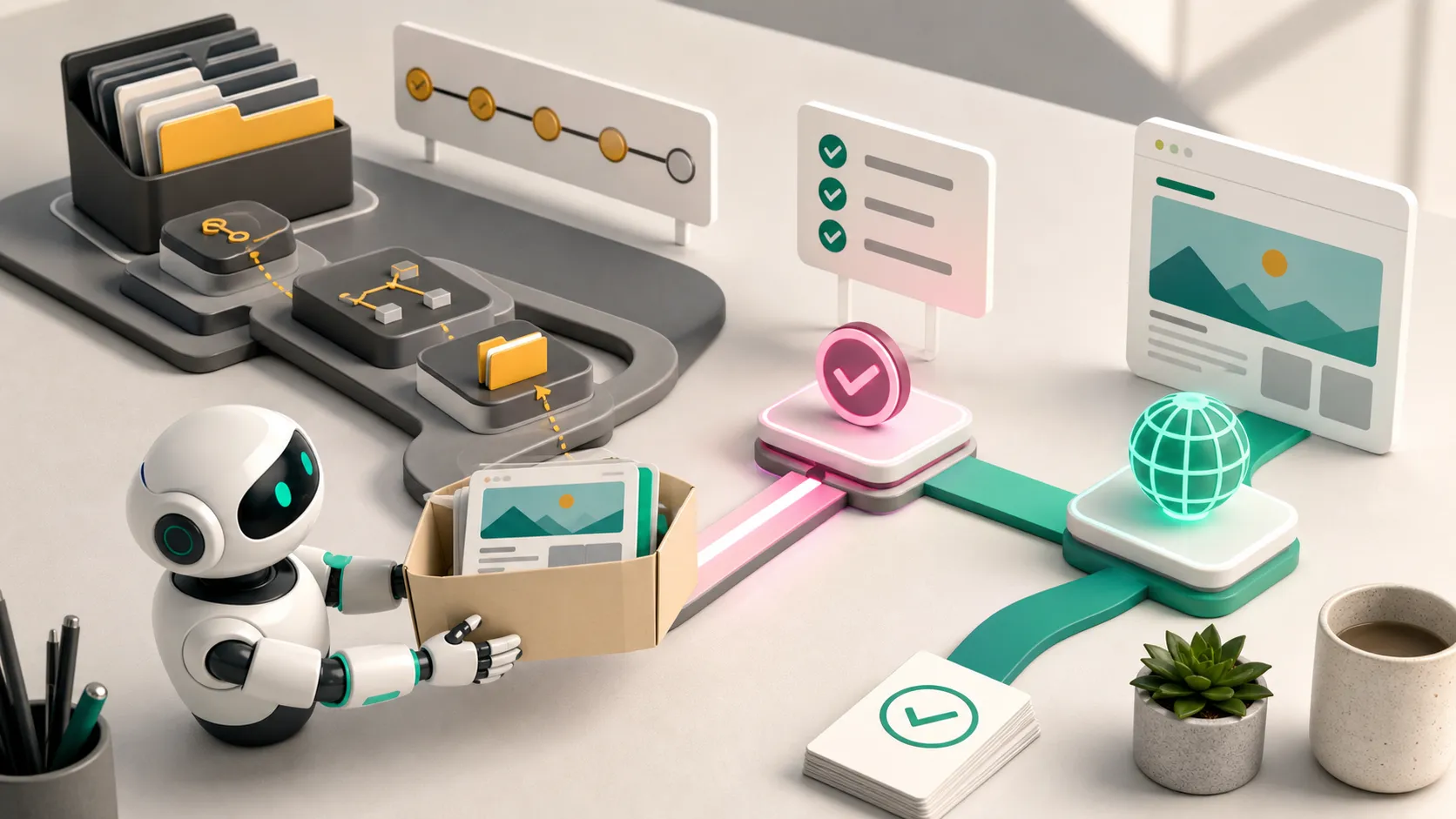 Ilustração editorial de um agente de IA comparando um fluxo de repositório com branch e Actions a um fluxo direto de publicação verificável