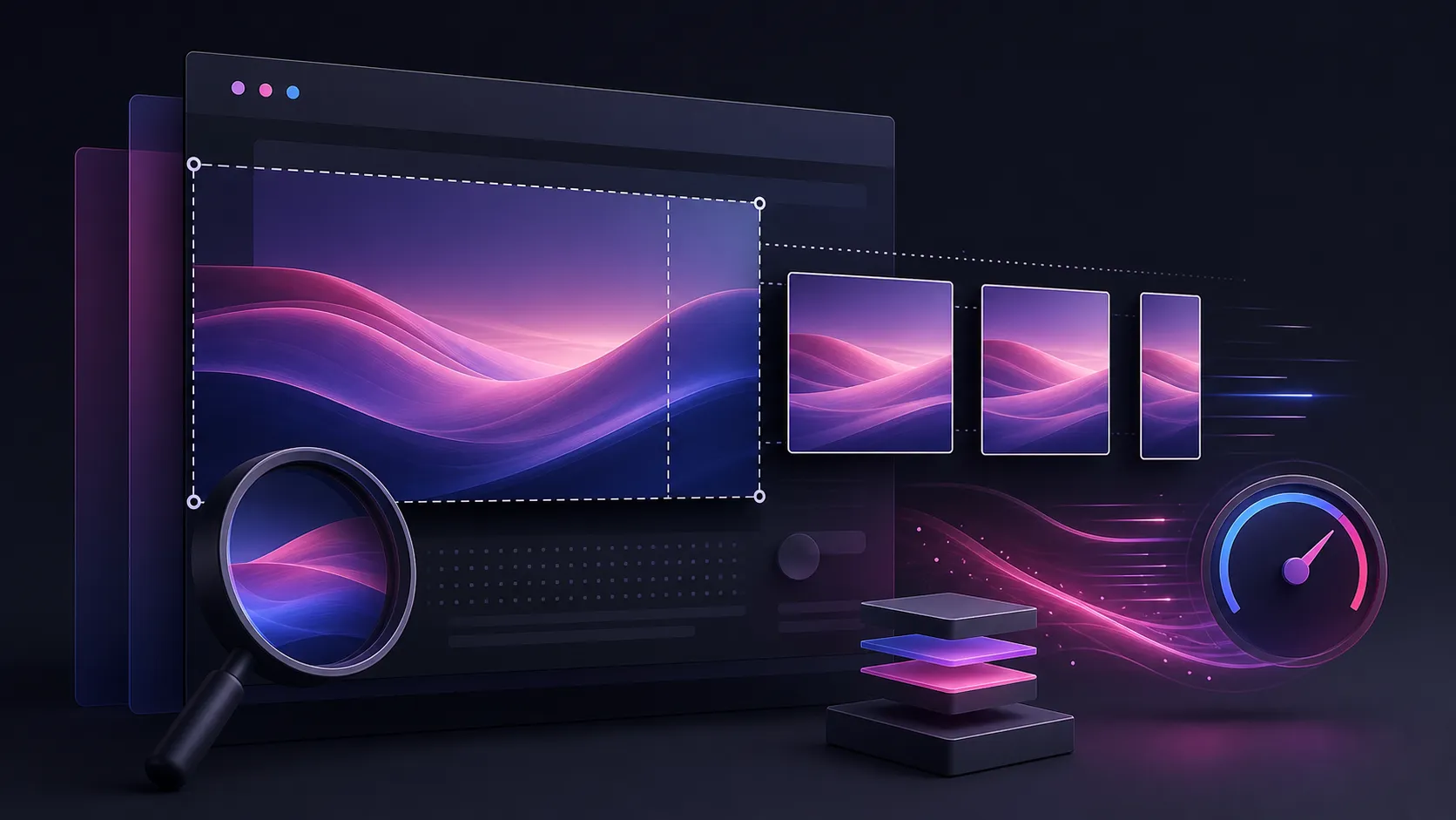 Ilustração editorial de uma imagem de landing page sendo recortada, adaptada a diferentes telas e otimizada