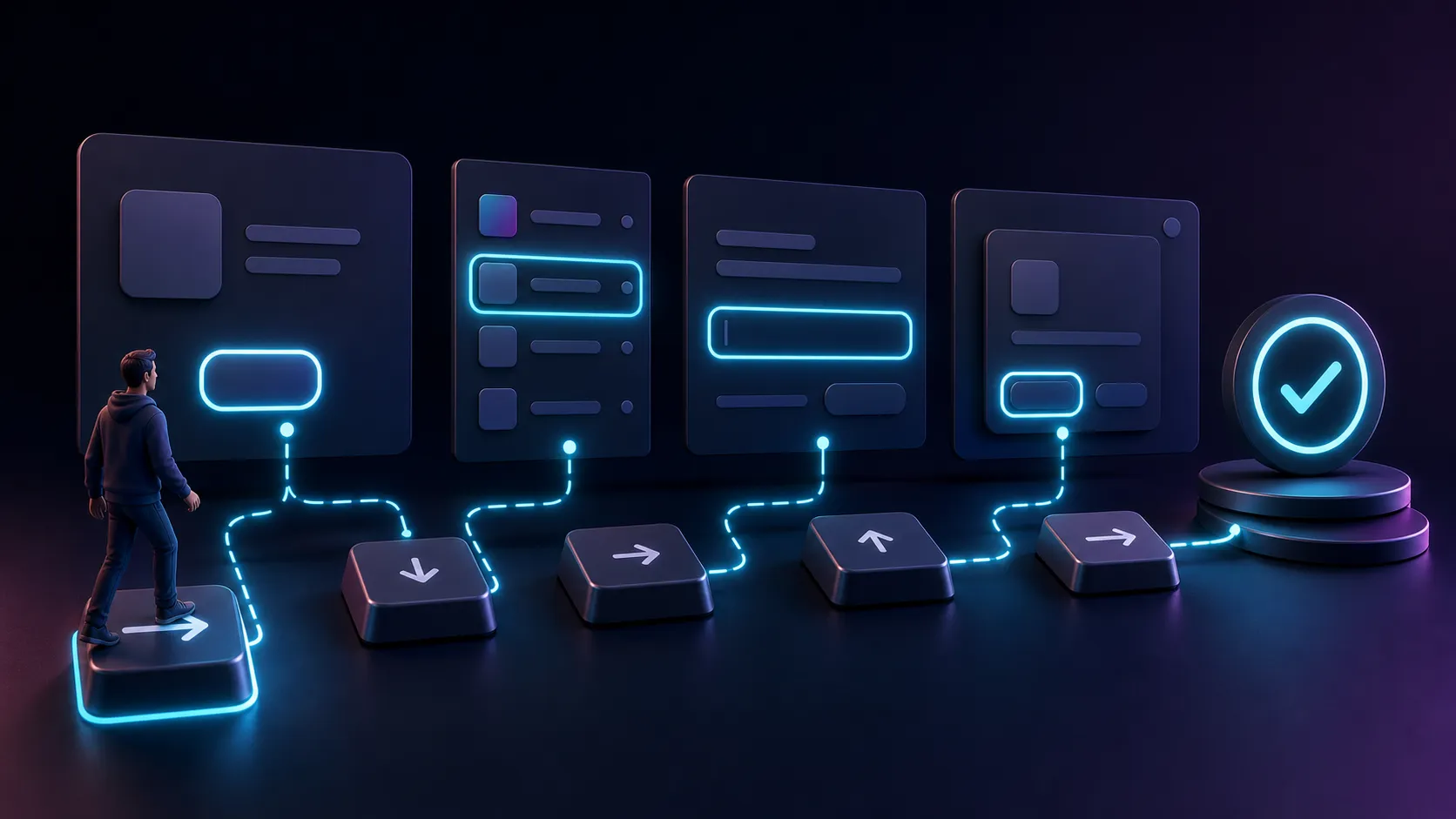 Ilustração editorial de uma pessoa conduzindo o foco por controles de uma landing page com teclas direcionais e checkpoints visuais