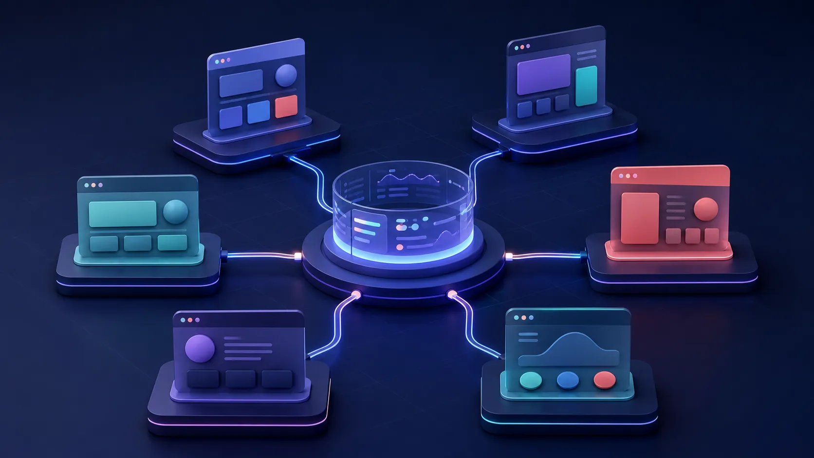 Ilustração editorial de uma rede organizada de microsites conectados a um painel central
