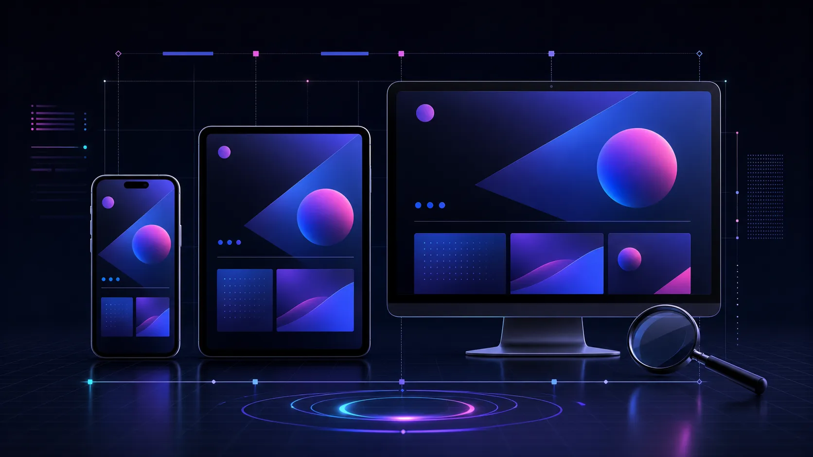 Ilustração editorial de uma landing page adaptada para celular, tablet e desktop enquanto passa por uma inspeção visual