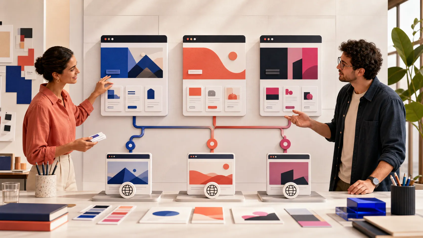 Ilustração editorial de várias landing pages modulares conectadas a uma campanha organizada e a URLs publicadas