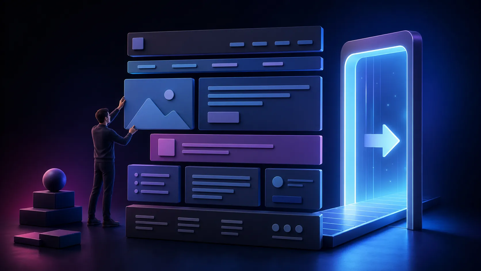 Ilustração editorial de blocos de uma página web sendo organizados em regiões semânticas antes de atravessar um portal de publicação