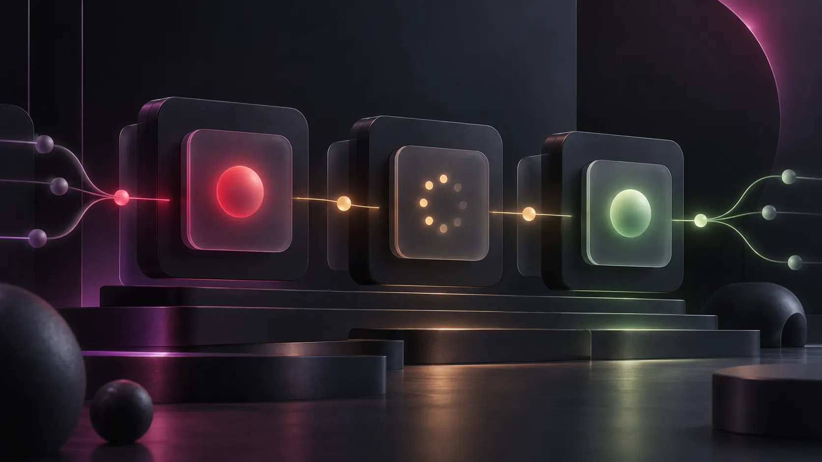 Ilustração editorial de blocos de uma interface emitindo sinais claros de erro, espera e confirmação em uma estrutura escura