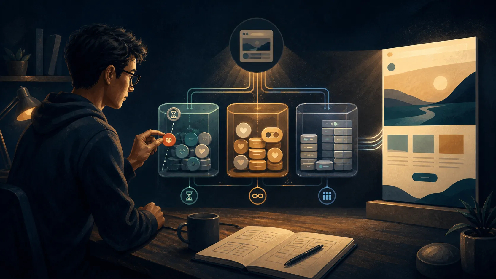Ilustração editorial de um desenvolvedor revisando compartimentos de armazenamento do navegador e removendo um dado sensível antes da publicação