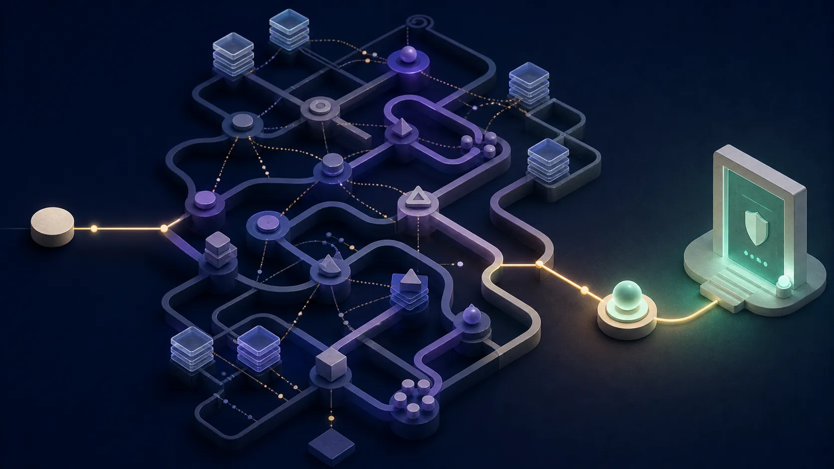 Ilustração editorial de uma rota de DNS atravessando uma rede complexa até chegar a um site seguro