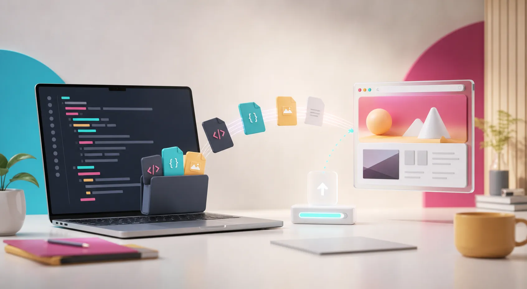 Ilustração 3D de um fluxo técnico com arquivos, conexão MCP, deploy e prévia de site publicado.