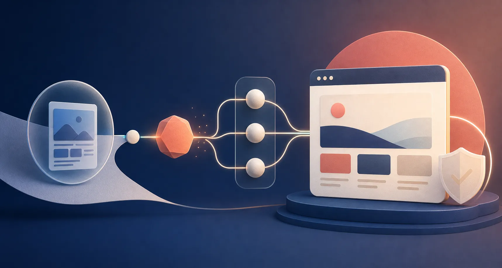 Ilustração editorial de um site conectado ao próprio domínio por uma rota de DNS segura