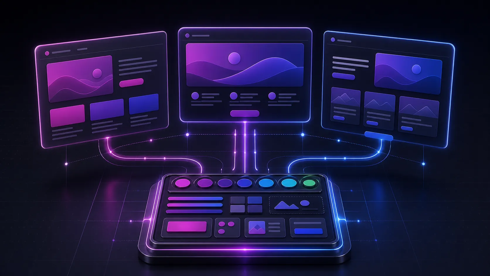 Ilustração editorial de um sistema visual central distribuindo os mesmos padrões de marca para três páginas diferentes