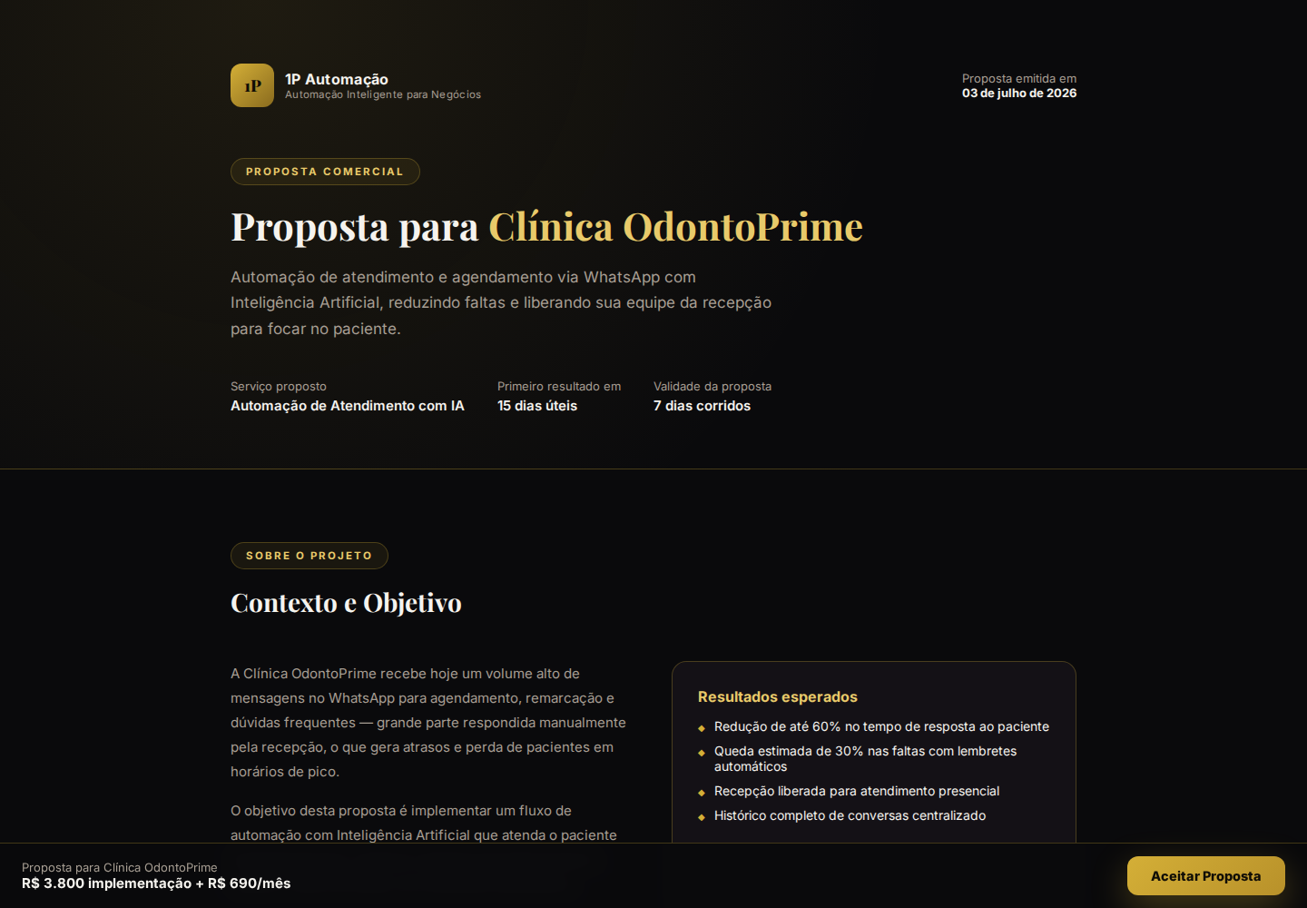 Preview do site publicado com o prompt Proposta comercial interativa